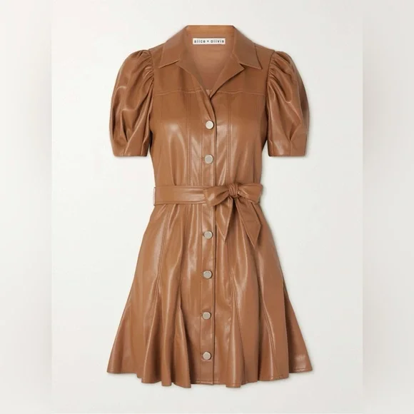Alice + Olivia brown vegan leather mini dress size 0 - Picture 2 of 8